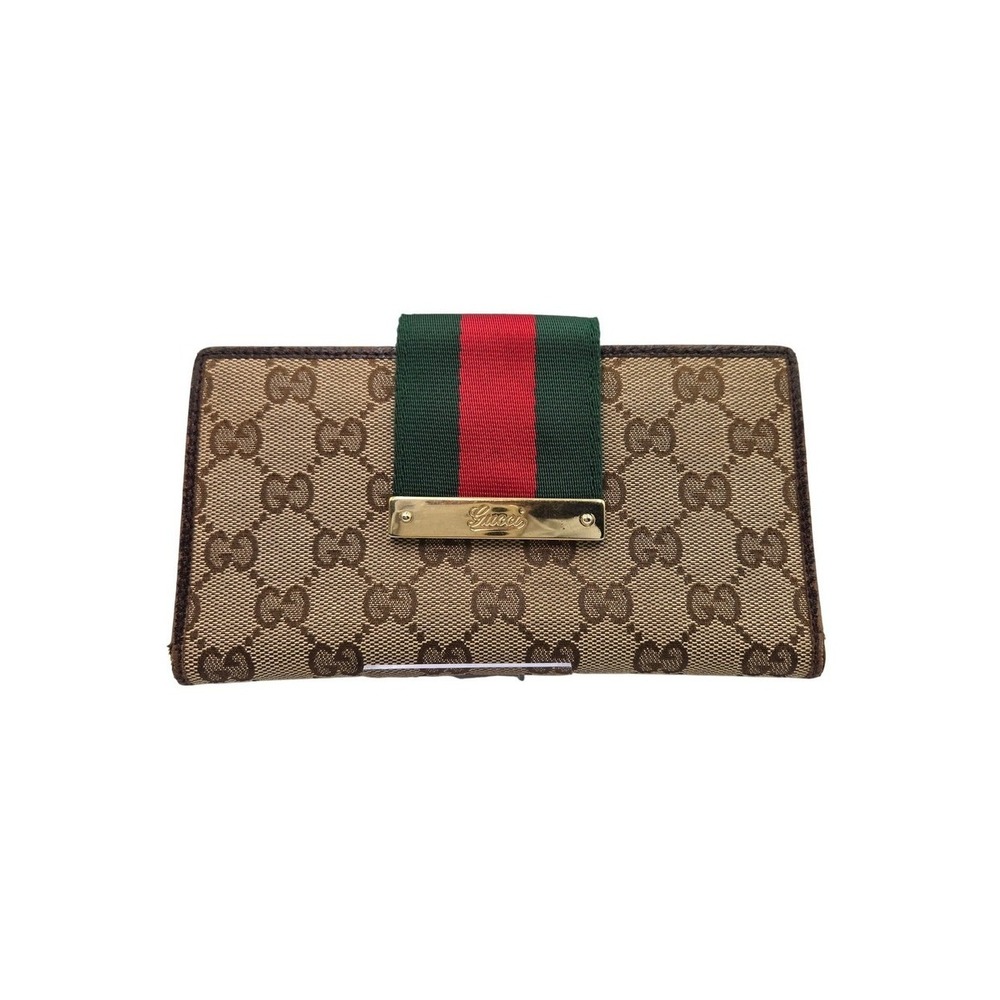 Gucci GG Canvas Web Stripe Flap Wallet Clutch Purse Brown Beige Authentic